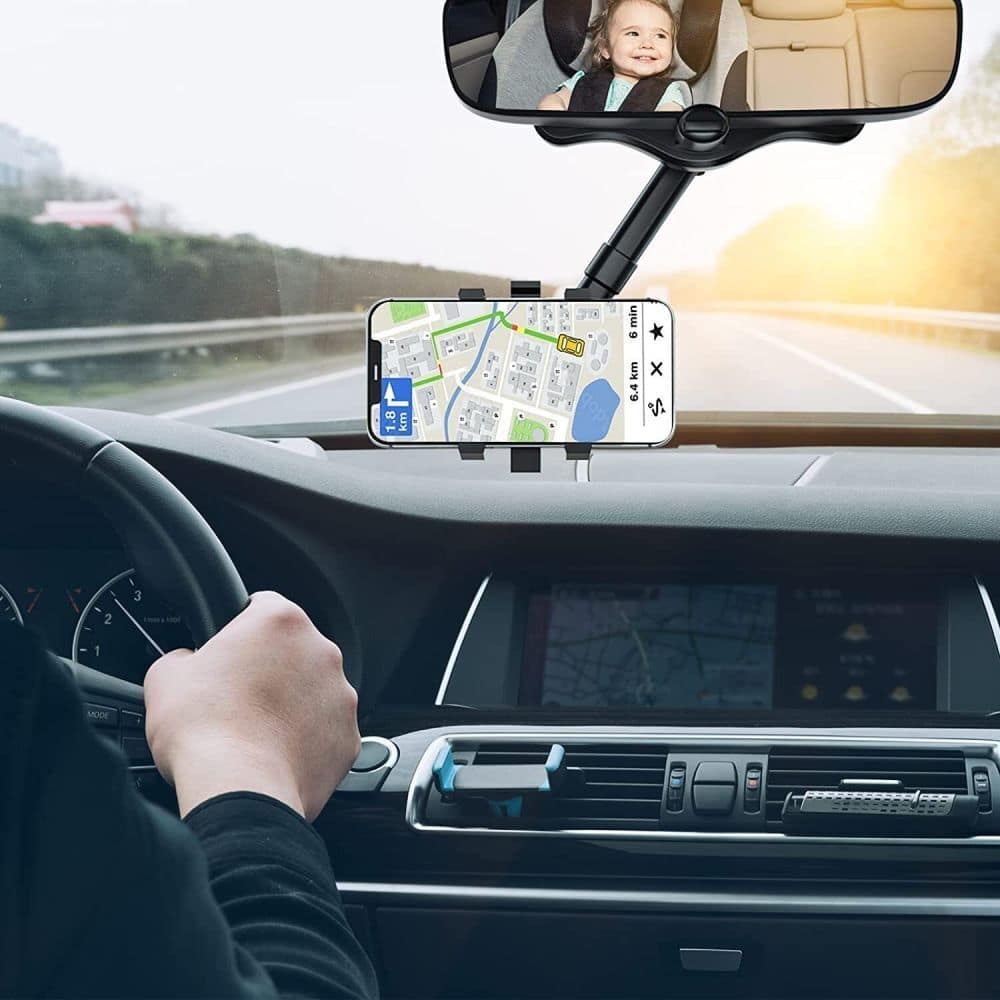 360° Rotating Rearview Mirror Phone Mount Universal Car Rearview Mirror Hands Free Phone Holder - SNAPPYFINDS.COM ™