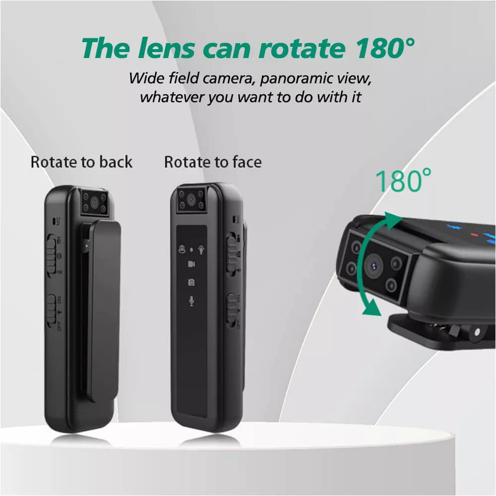 Portable Police Body Camera 1080P Pocket Video Audio Recorder Night Vision Cam Mini Body Camera with HD 1080P video recording, 180° rotating lens, and night vision lights.