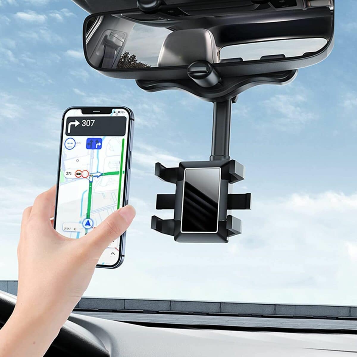 360° Rotating Rearview Mirror Phone Mount Universal Car Rearview Mirror Hands Free Phone Holder - SNAPPYFINDS.COM ™
