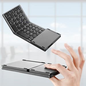 Folding wireless Bluetooth keyboard shown open and closed, demonstrating ultra-portable design for smartphones and tablets