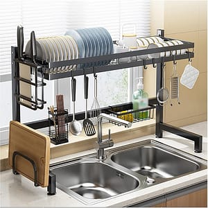 Over-the-sink dish drying rack with customizable components.