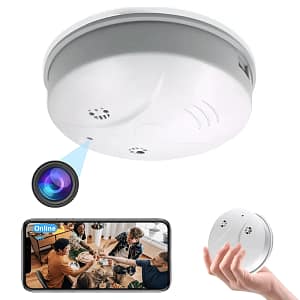 Mini Camera WiFi Smoke Detector with 1080P HD live streaming, wide-angle lens, motion detection, and night vision.