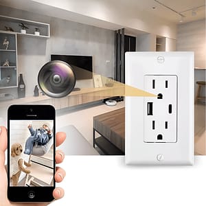 4K UltraHD WiFi Wall AC Outlet Camera for discreet home security with app control, real-time alerts, and 10 days local storage