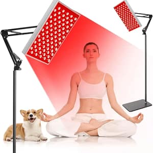 Red Light Therapy Lamp with Stand, featuring 660nm red and 850nm infrared light for skin rejuvenation, muscle relief, and joint health.