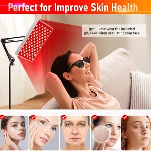 Red Light Therapy Lamp with Stand, featuring 660nm red and 850nm infrared light for skin rejuvenation, muscle relief, and joint health.