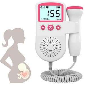 Fetal Doppler with 3MHz Probe for accurate fetal heart rate monitoring – Compact, battery-powered device with LCD display and loudspeaker.