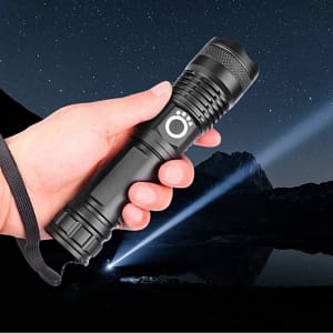 Ultra-bright 90,000-lumen flashlight with telescopic zoom and USB charging