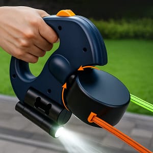 Retractable dual dog leash with 3-meter reflective leads, LED light, and 360 swivel design for small dogs and cats.