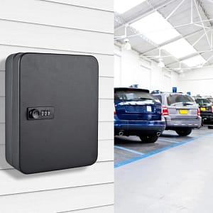 Heavy-duty steel wall mounted key lock box with combination lock and 28 key hooks