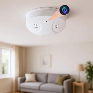 Home Smoke detector-style hidden camera with 1080P WiFi and night vision, mounted on ceiling for discreet indoor surveillance