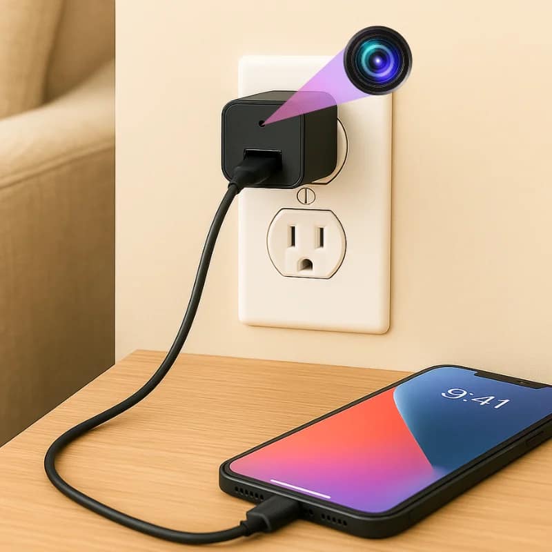 Wall Outlet Hidden Camera with 1080P HD, Night Vision & Wi-Fi Motion Detection Discreet mini security camera inside a functional USB wall charger