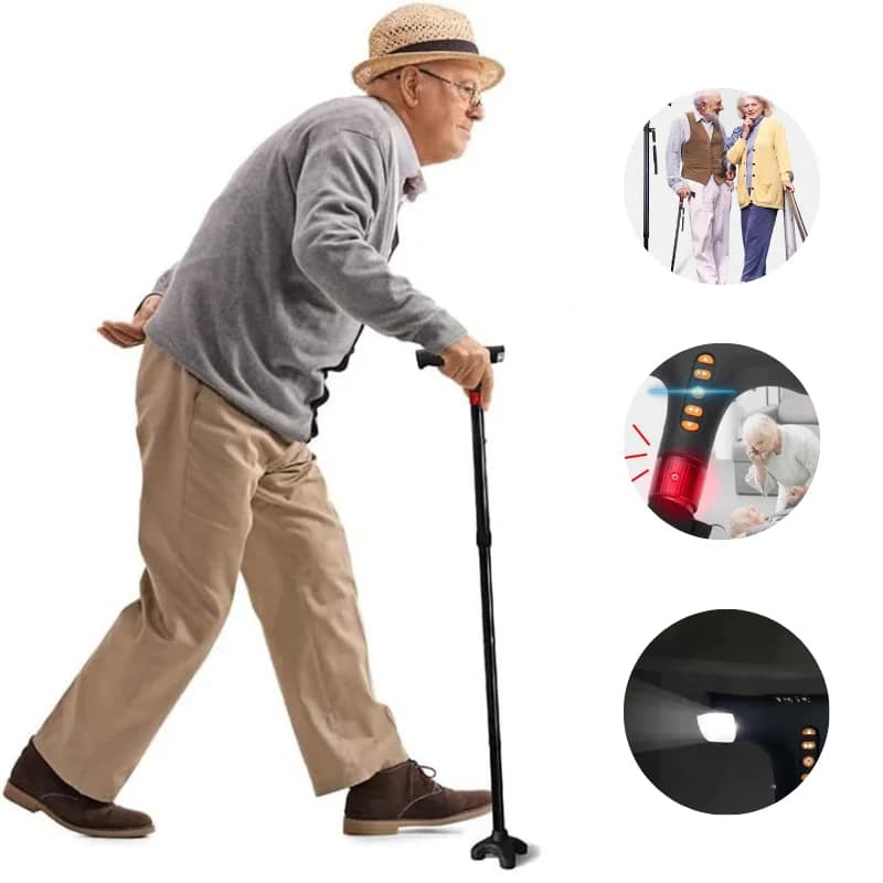 Multifunctional Foldable LED Flashlight Walking Cane an older man walking with a cane