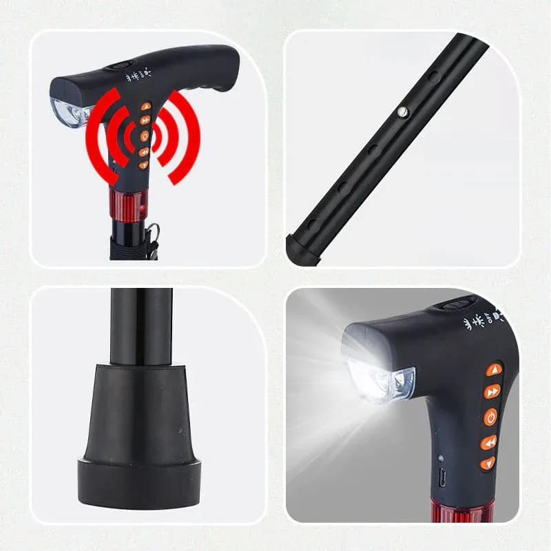 Multifunctional Foldable LED Flashlight Walking Cane a collage of a walking stick