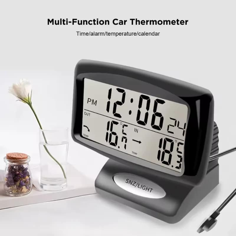 Car Clocks Dashboard Thermometer Car clocks dashboard thermometer with digital alarm clock, indoor/outdoor temperature gauge, and adjustable backlight display for easy reading in vehicles.