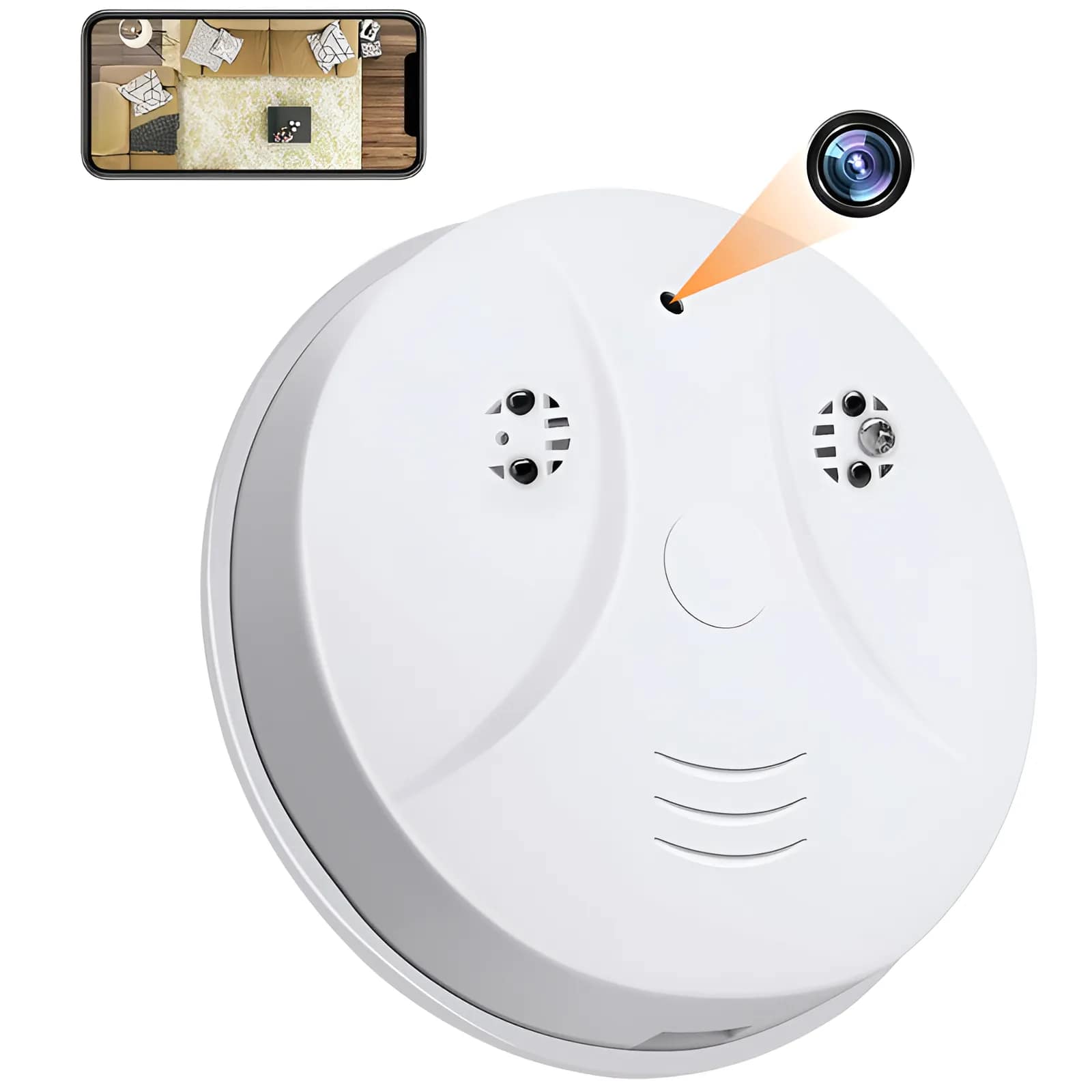 Mini Camera WiFi Smoke Detector with Night Vision and Motion Detection Mini Camera WiFi Smoke Detector for discreet home security with HD 1080P video, night vision, and motion detection